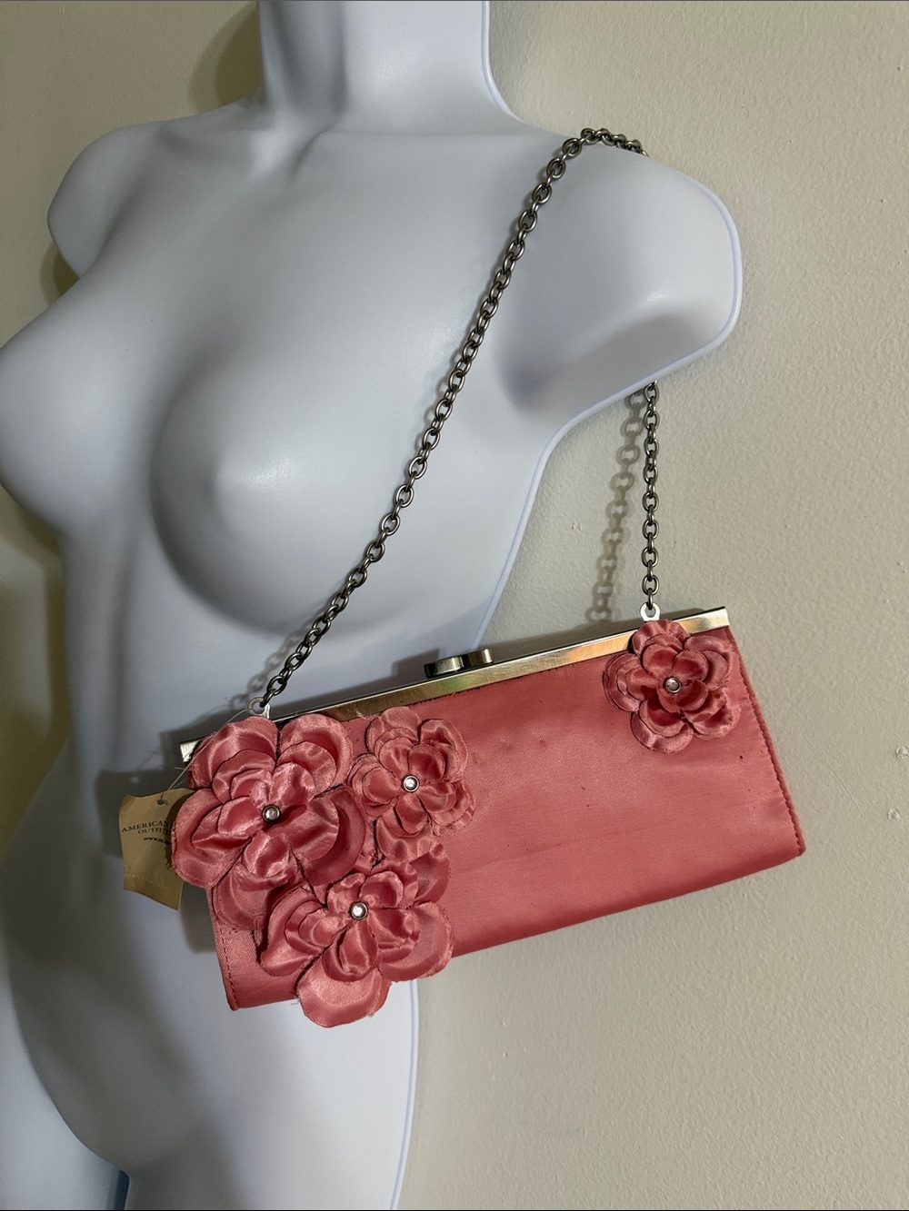 NWT Y2K American Eagle Pink Floral Satin Clutch with Chain Strap